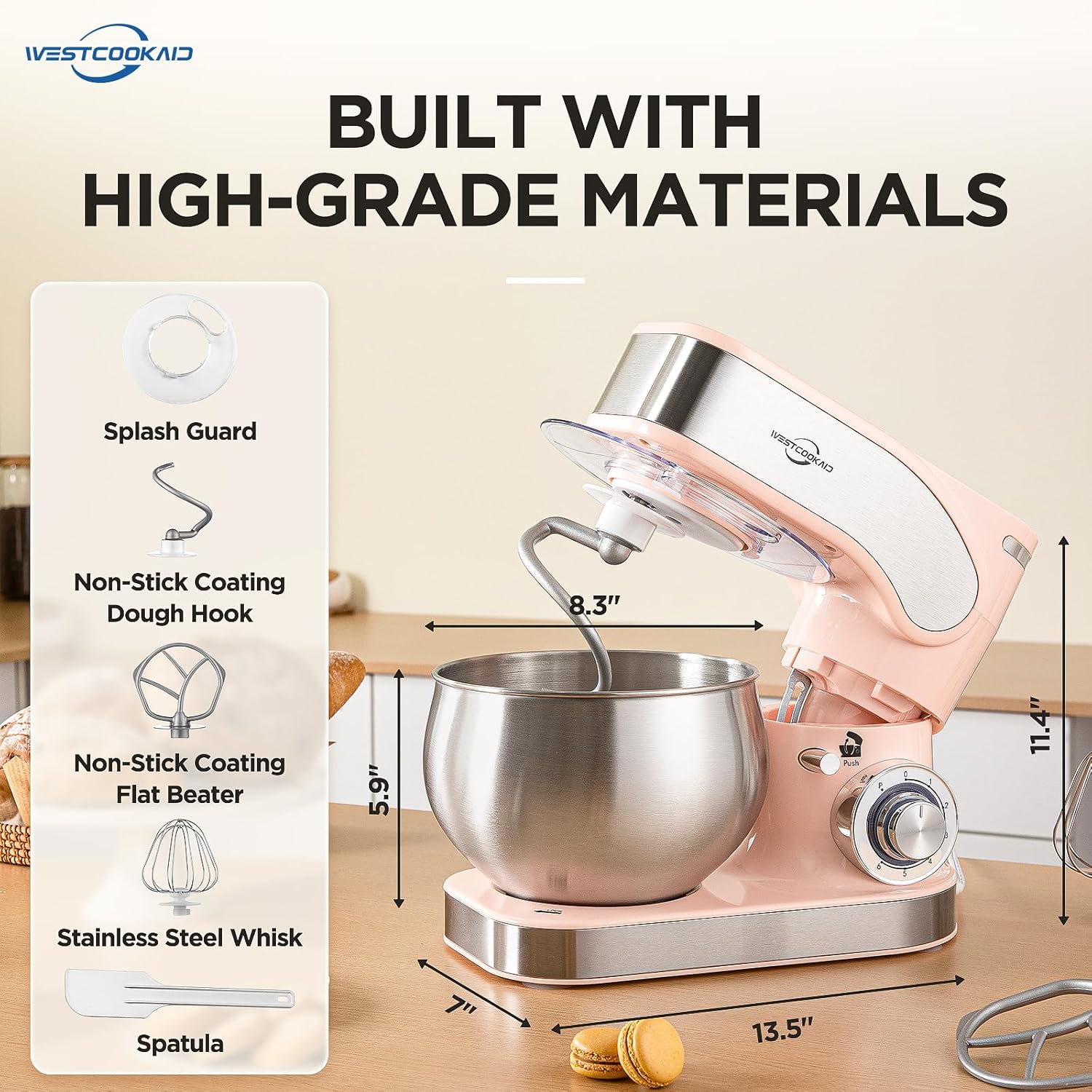 electric stand mixer, 5.3qt kitchen mixer, 6+p speed tilt-head electric food mixers with egg cream whisk, dough hook, flat beater, bread dough mixer for baking, pink
