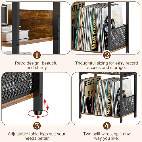 Miniatura 6 de Soporte para tocadiscos con almacenamiento de hasta 100 álbumes y 40 CD, almacenamiento de discos de vinilo de 4 niveles para sala de estar, soporte