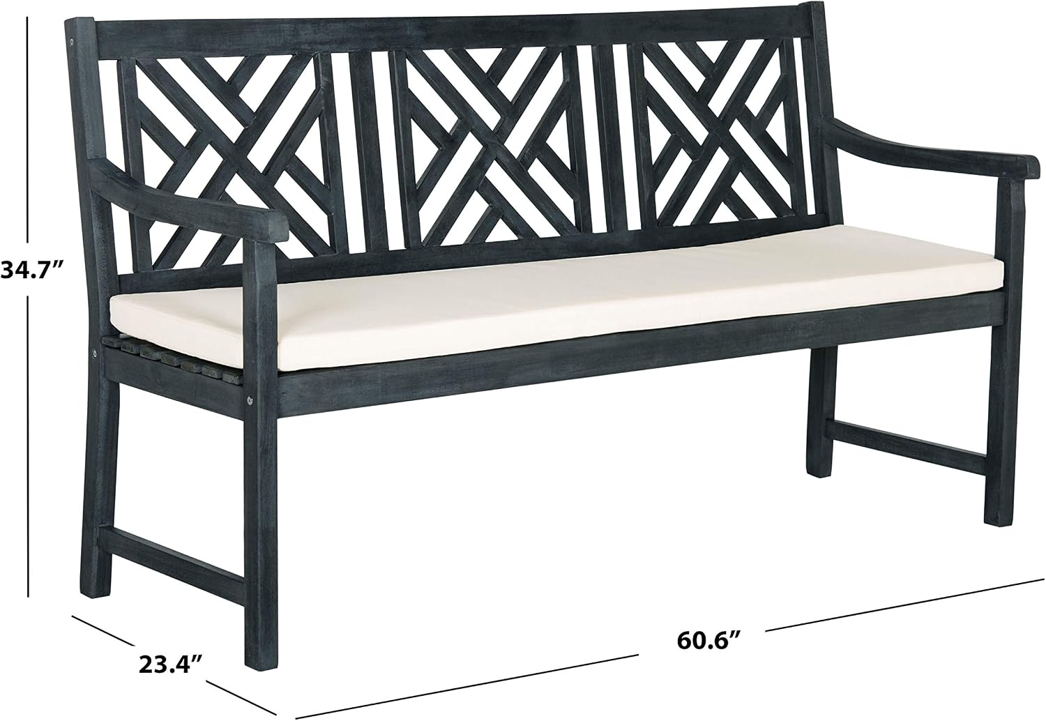Safavieh PAT6738K Outdoor Collection Bradbury Grey 3 Seat Bench, Dark Slate Gray/Beige