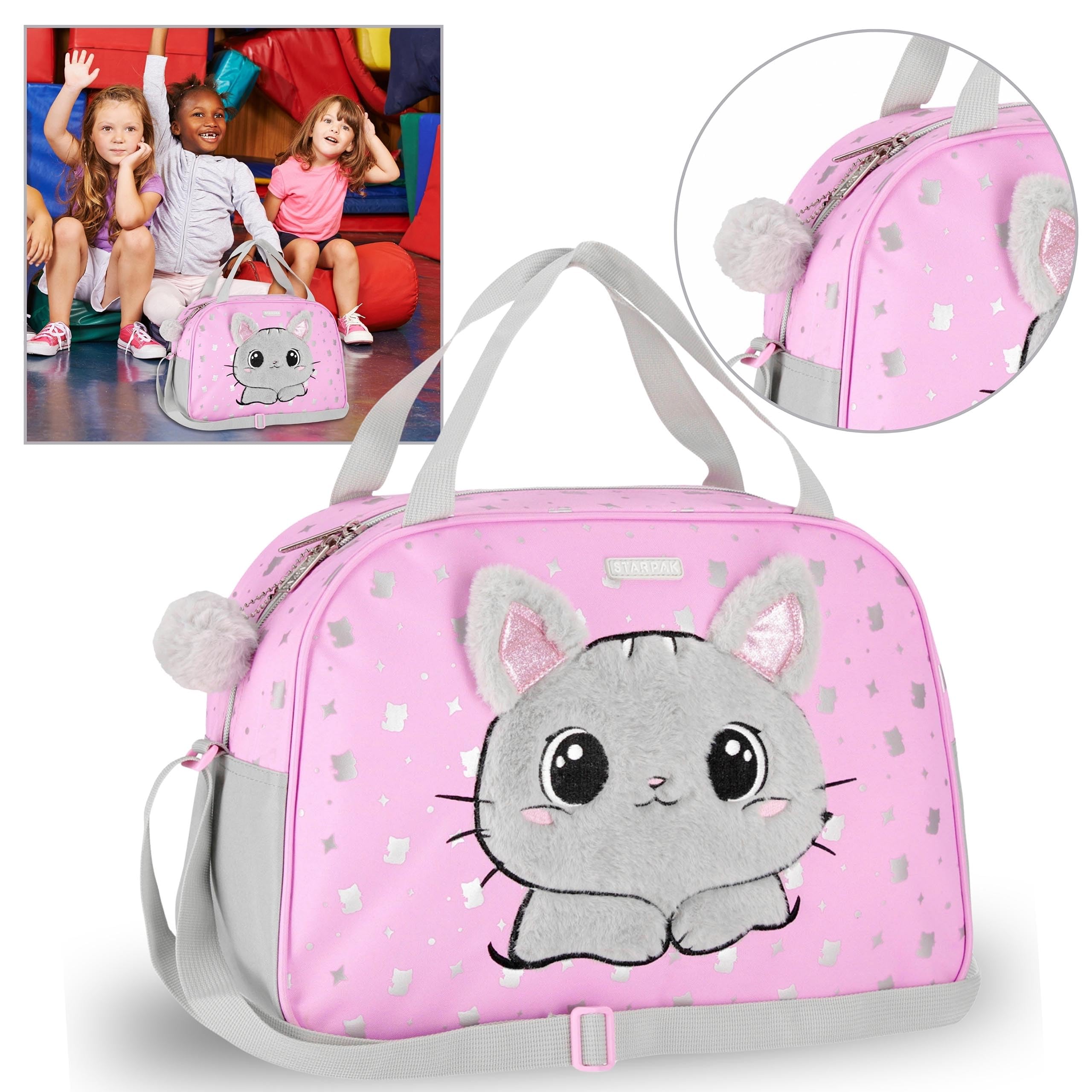 Borsa da viaggio per ragazza gatto, borsa rosa per educazione fisica, viaggio, sportiva, tracolla 39x27x16 cm (Rosa Gattino)