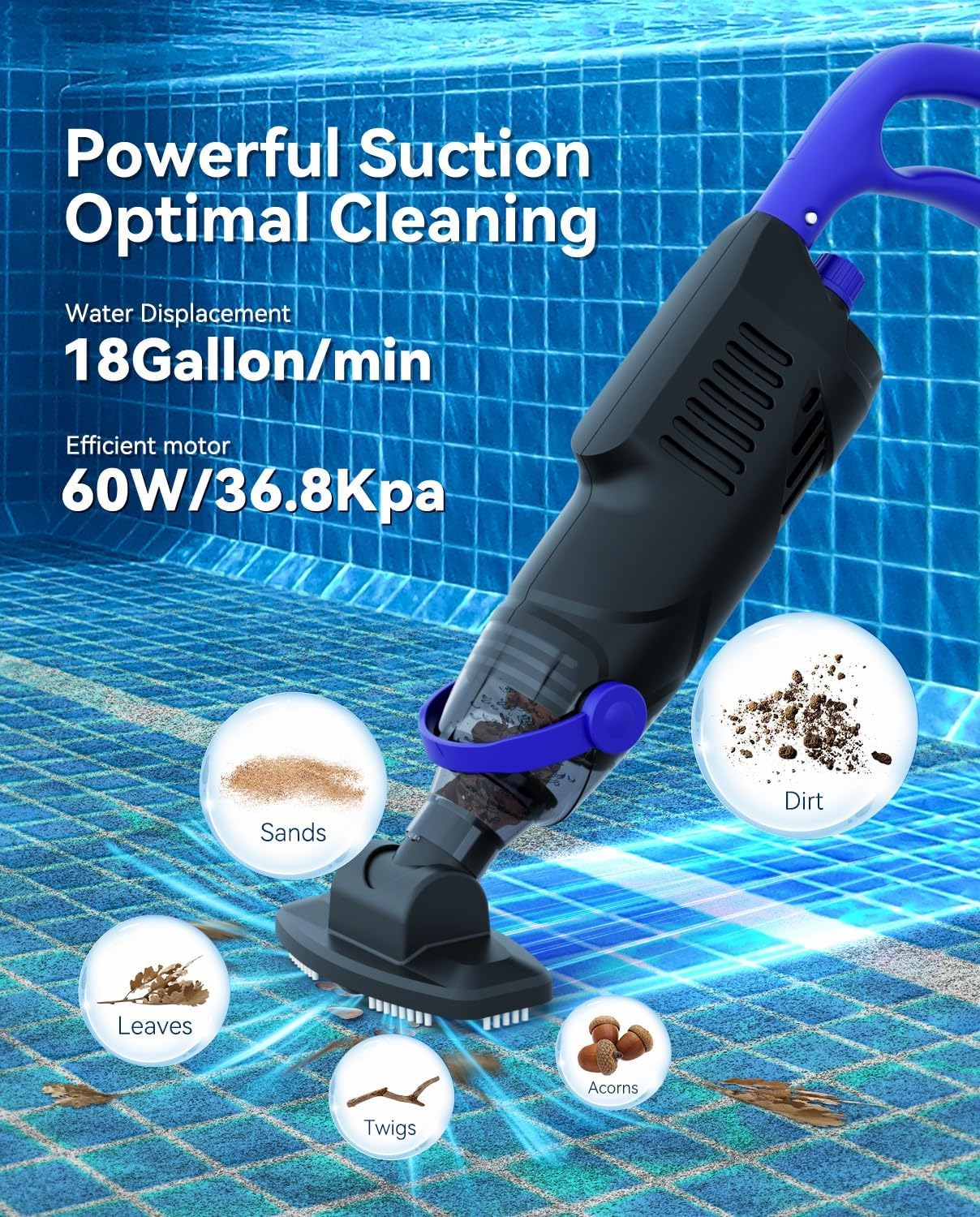 Cordless Handheld Pool Vacuum, 18 GPM Strong Suction, 60-Min Runtime, Rechargeable Pool Cleaner for Hot Tubs & Above Ground Pools, with 57-Inch Pole, Black