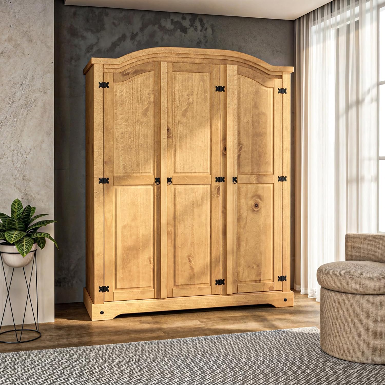 Corona 3 Door Arch Top Wardrobe Solid Mexican Pine for Bedroom