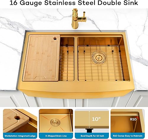 Miniatura 6 de Fregadero de cocina con delantal frontal de 33 x 20 pulgadas, fregadero de cocina dorado con doble tazón, fregadero de estación de trabajo de acero