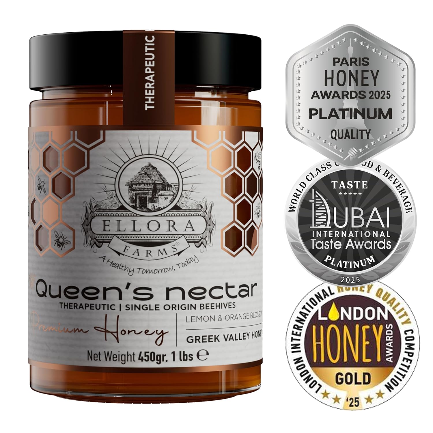Ellora Farms, Greek Pure Raw Honey, Lemon & Orange Blossom, Island of Crete, Kosher, Gold & Platinum Awards, Non-GMO and Unpasteurized, Gift Pack with Dipper, 450g (160z)
