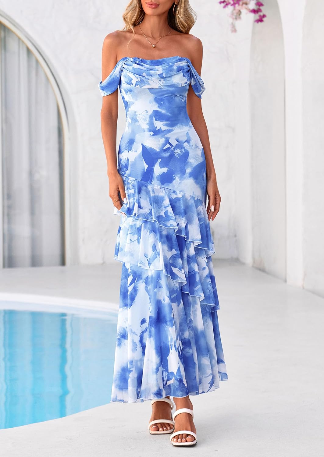 PRETTYGARDEN Women's Formal Cocktail Maxi Dresses 2026 Summer Off Shoulder Floral Mesh Bodycon Spring Wedding Guest Dress - Image 7