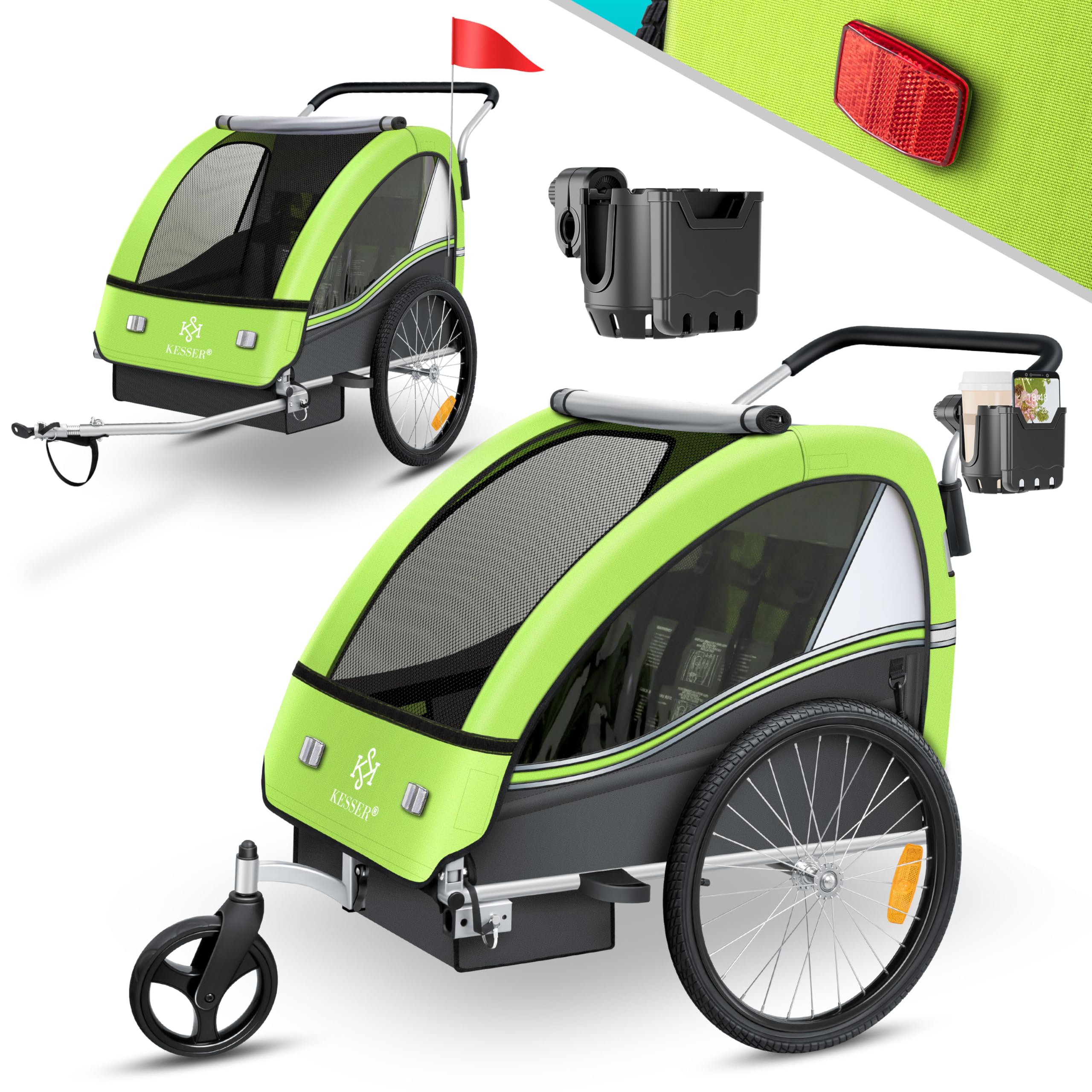 KESSER® Rimorchio per bambini da bicicletta Sport-RX 2 in 1 funzione jogging cintura di sicurezza a 5 punti ruota anteriore girevole 360°