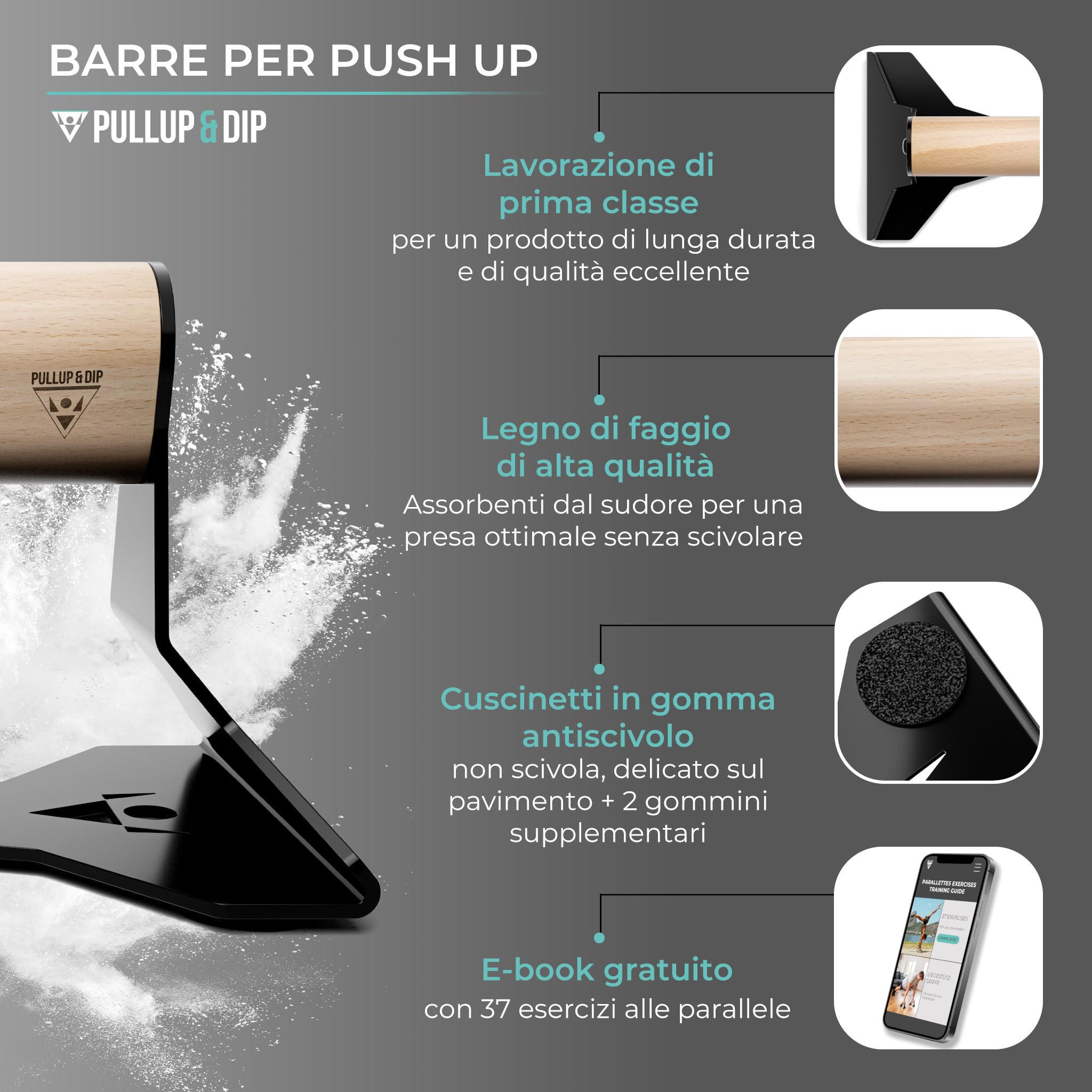 PULLUP & DIP Maniglie palestra con impugnatura ergonomica in legno e acciaio molto resistente - Push up bar antiscivolo per l'allenamento di forza - Parallele calisthenics