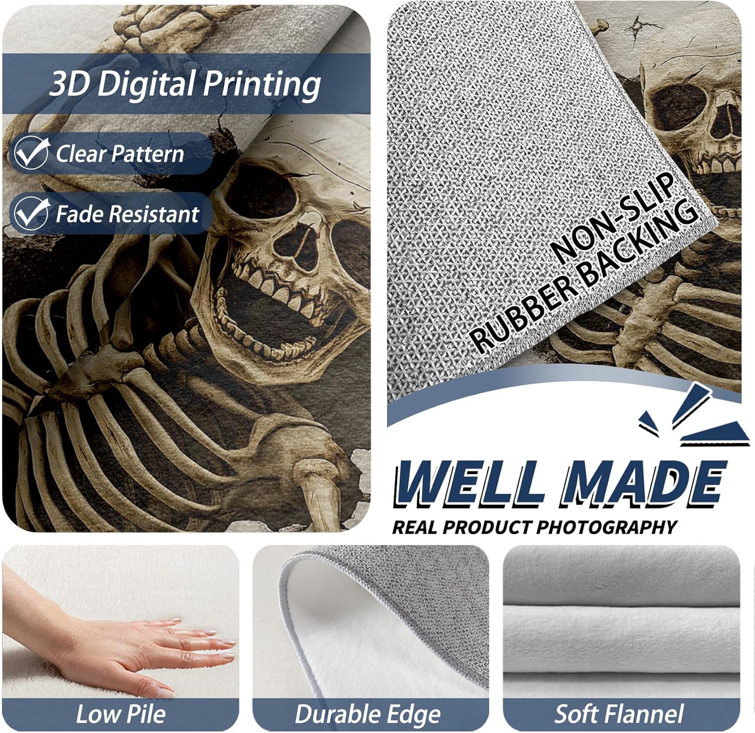 Skeleton Rugs for Kitchen - 2x3 Rug, Skeleton Area Rug, Funny Skeleton Washable Non Slip Soft Rugs, Optical Illusion Carpet, 3D Skull Home Decor, Skeleton Gifts for Women