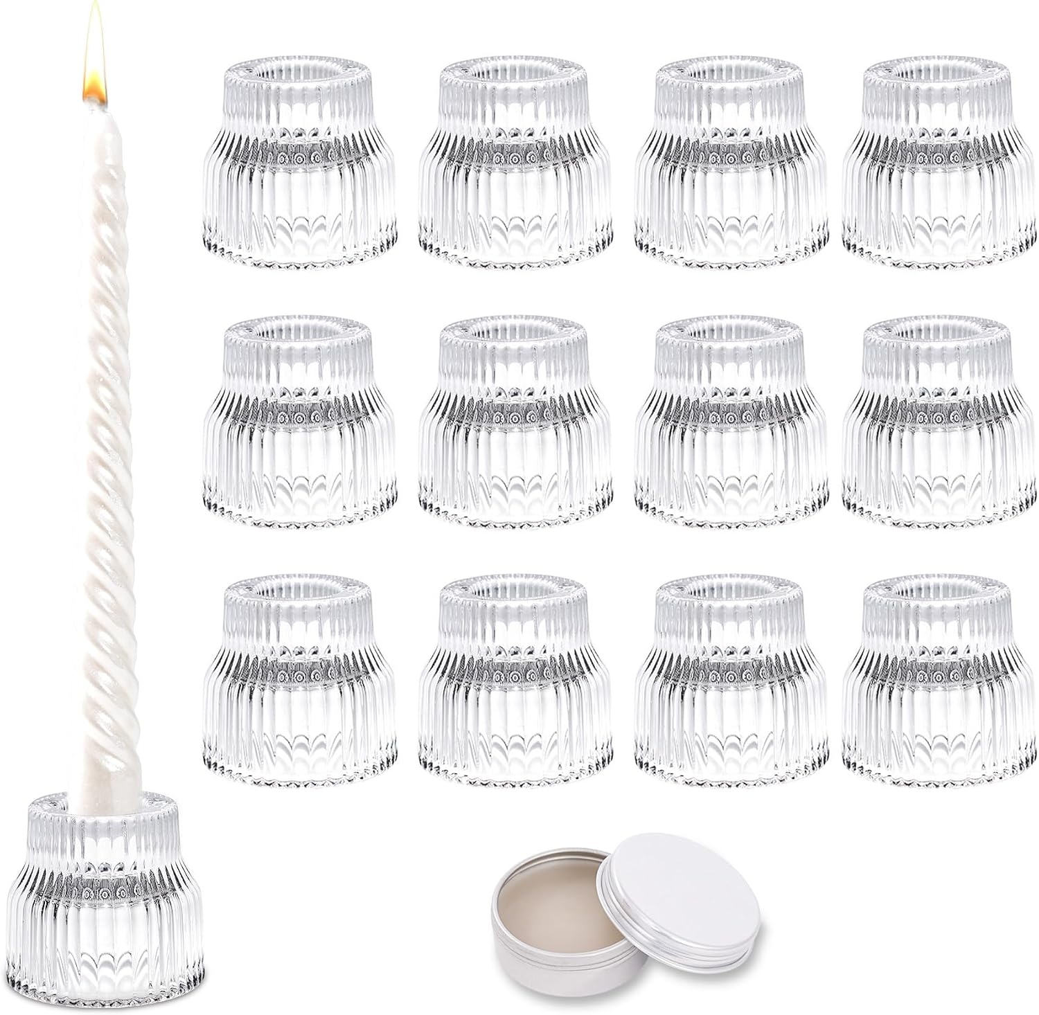 Glass Candlestick Holders Set of 12, Clear Ribbed Taper Candle Holders with Adhesive Wax, Reversible Crystal Tealight Candle Holder Set for Wedding Table Centerpieces Party Home Decor
