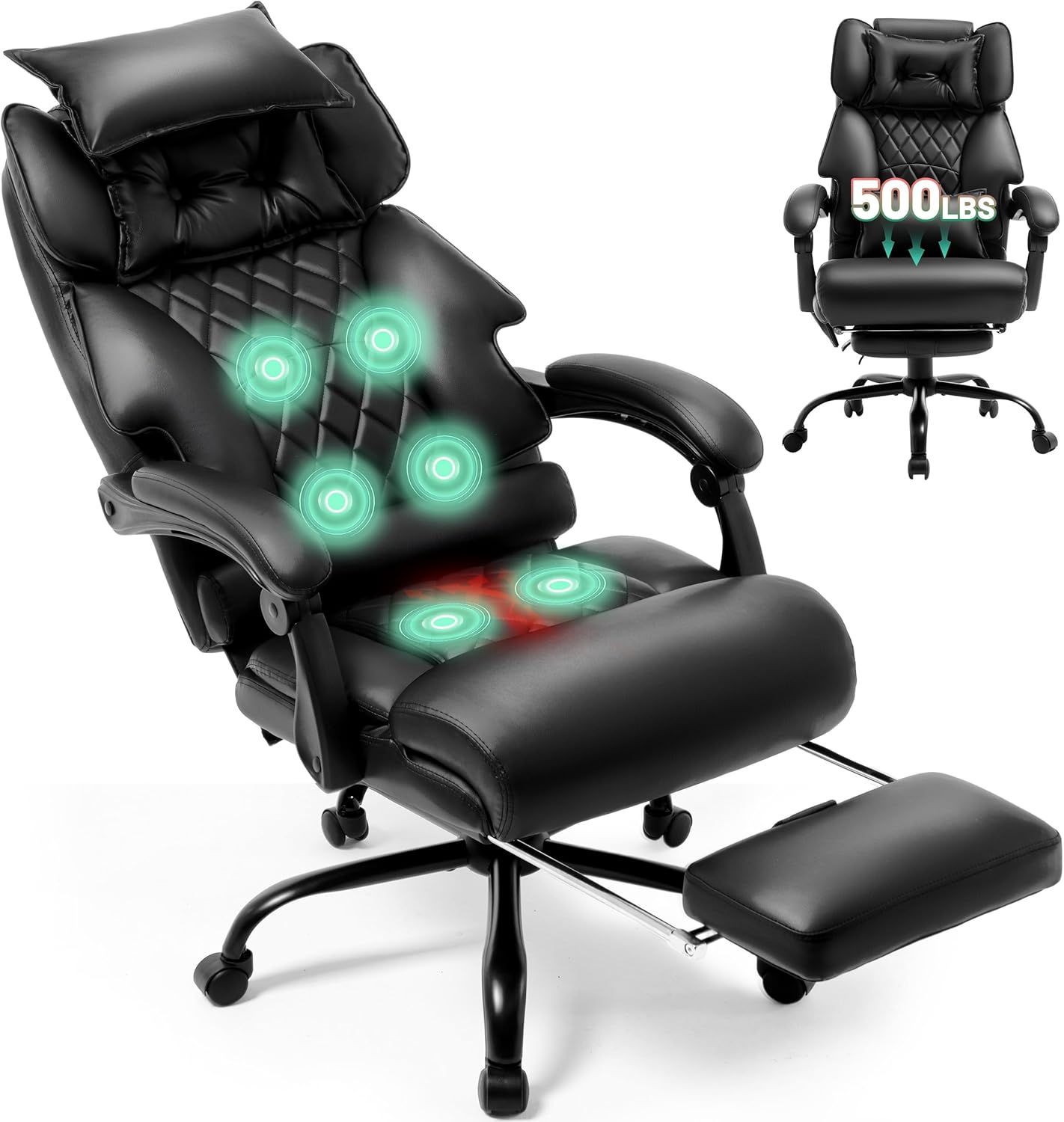 Massage Office Chair with Foot Rest,6 Points Vibration & Heat Executive Office Chairs for Heavy People,500LBS Big and Tall Office Chair,Ergonomic Reclining Desk Chair,Dual-Use Pillow,Black