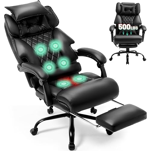 Massage Office Chair with Foot Rest,6 Points Vibration & Heat Executive Office Chairs for Heavy People,500LBS Big and Tall Office Chair,Ergonomic Reclining Desk Chair,Dual-Use Pillow,Black