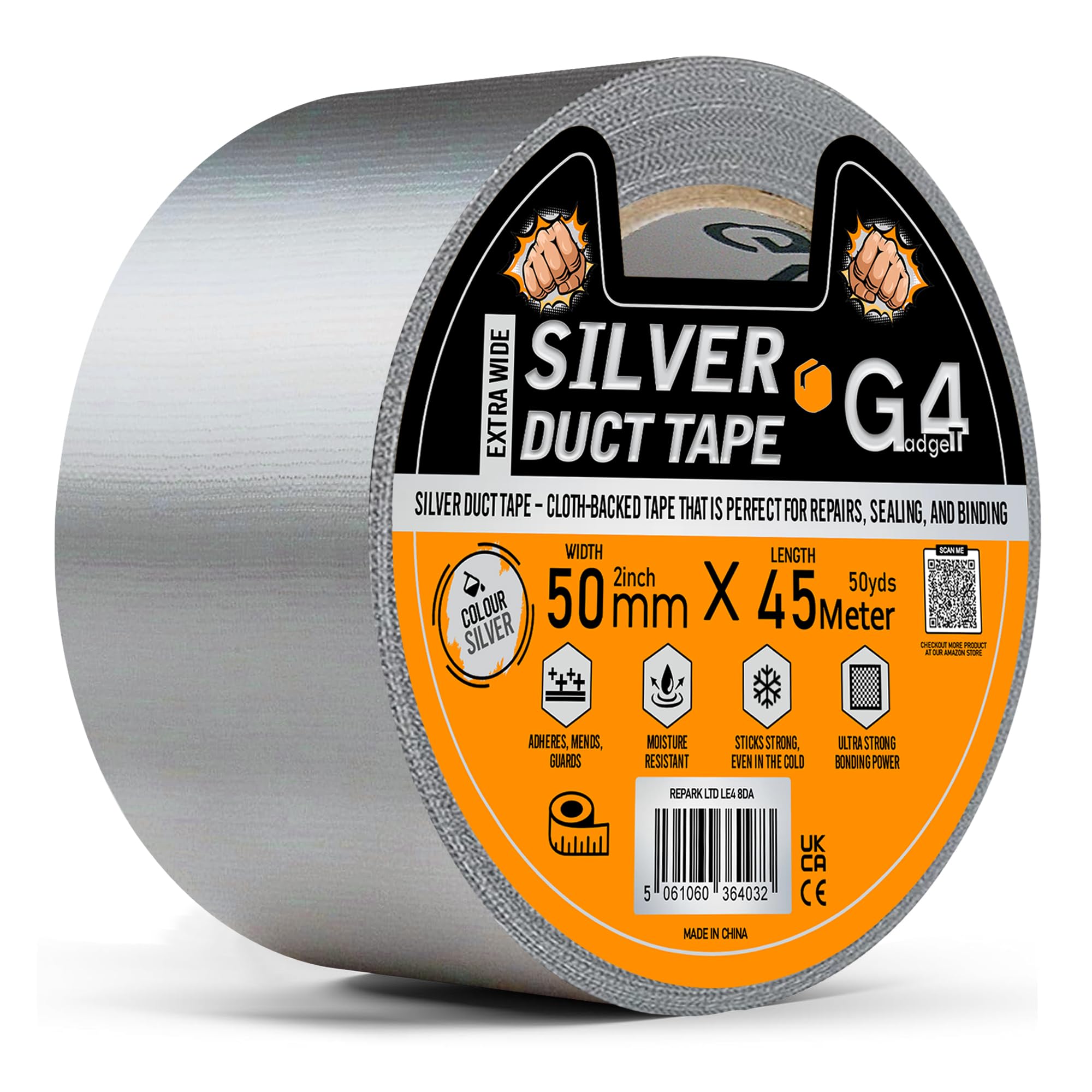 G4GADGET Silver Duct Tape 50mm x 45m Heavy Duty | Weather Resistant Gaffa Tape | Extra Strong Adhesive Multi-Purpose Repair Tape | Industrial Grade for Sealing, Wrapping, Plumbing, and Outdoor Repairs