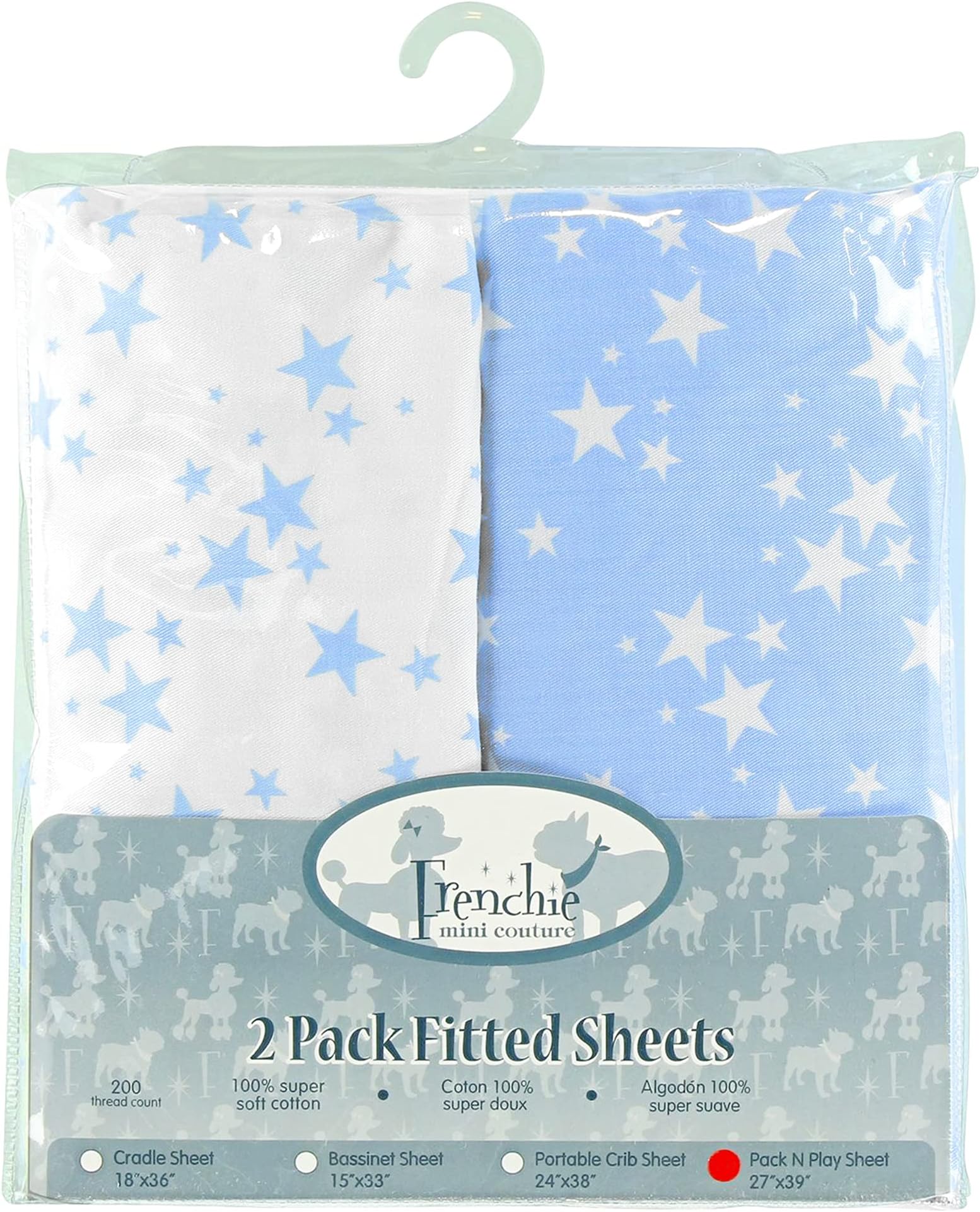Frenchie Mini Couture2 Pack Fitted Pack N Play Bassinet Sheets, Blue Stars, Frenchie Mini Couture
