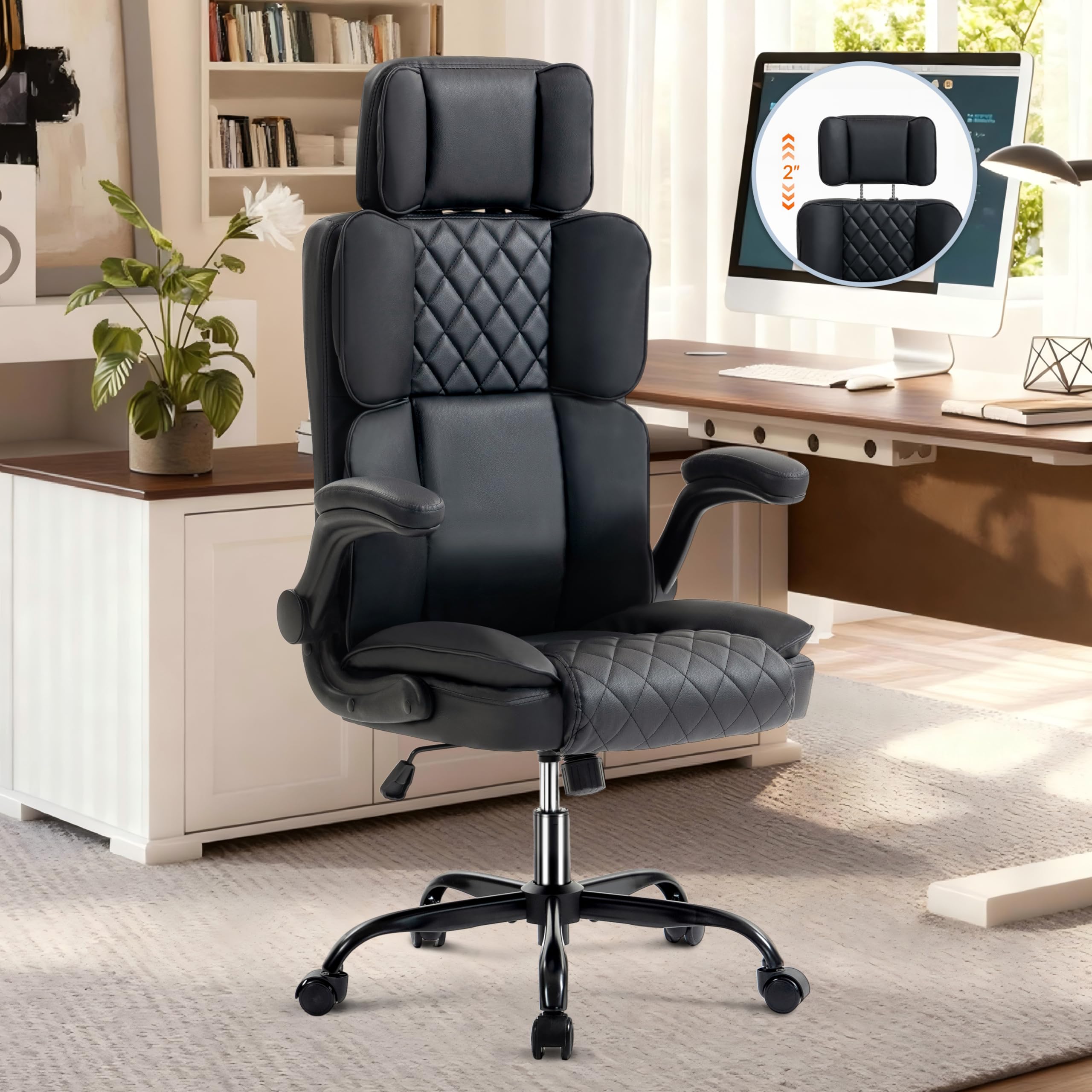 Leather Office Chair with Adjustable Headrest Executive Home Office Desk Chairs with Ergonomic Back Support Padded Flip-Up Armrests