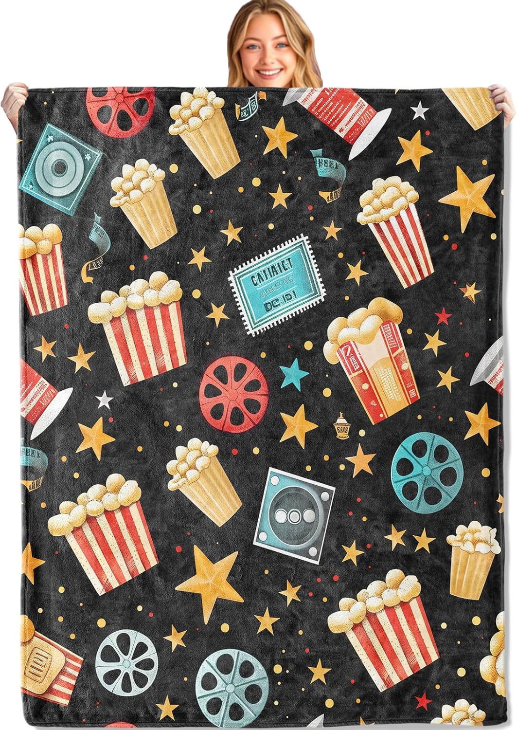 Popcorn Film Reels, and Star Throw Blanket - 60x80in,Ultra Soft, Cozy Lightweight Flannel,Movie Night Blankets - Gifts for Kids Boys Girls,for Couch Office Travel,Home Living Room Decor