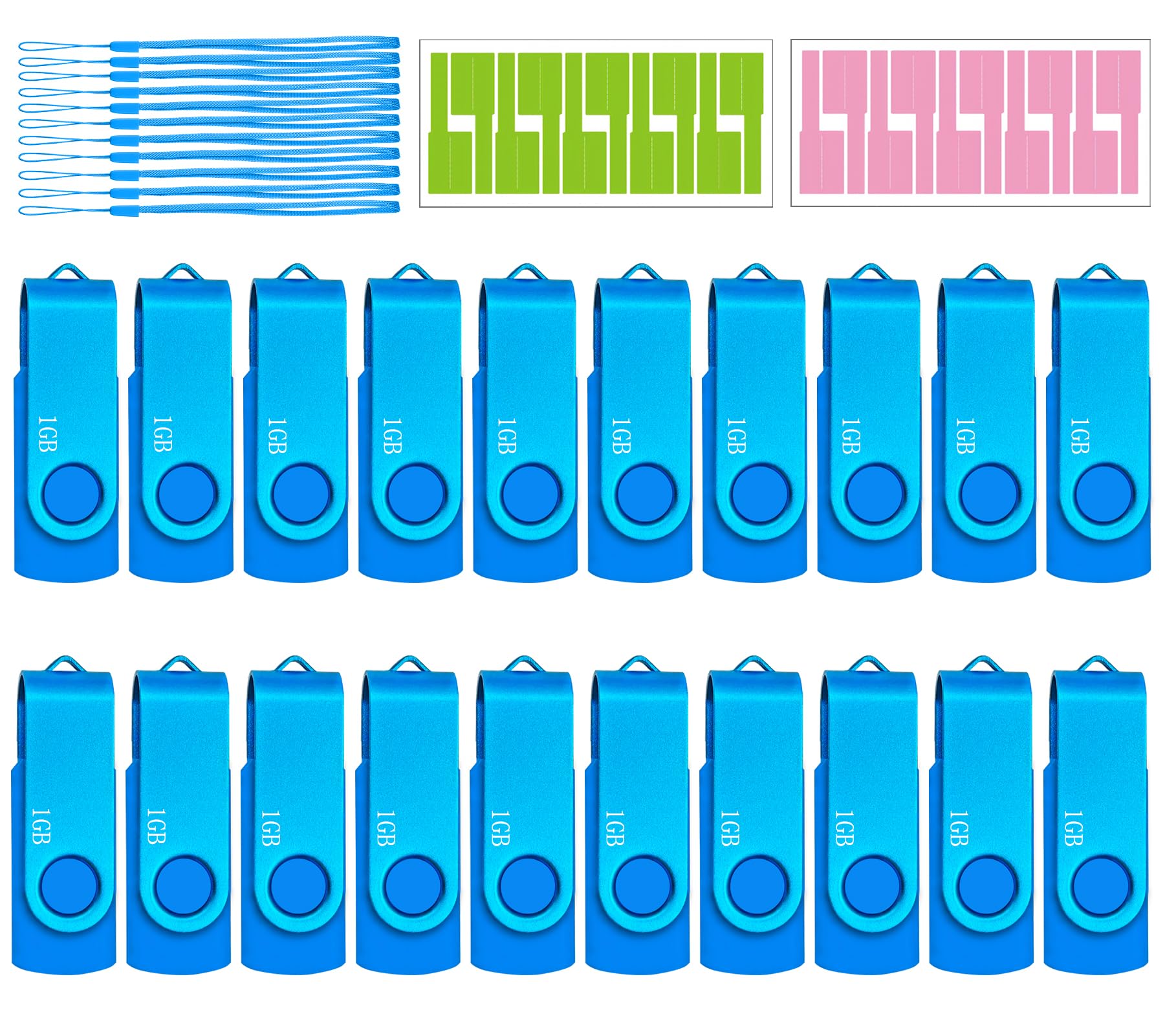 Chiavetta USB 2.0 da 1 GB, confezione da 20 unità flash USB da 1 GB, memoria USB per archiviazione dati, girevole, blu pendrive con zip, con etichetta con cordino da 20 pezzi