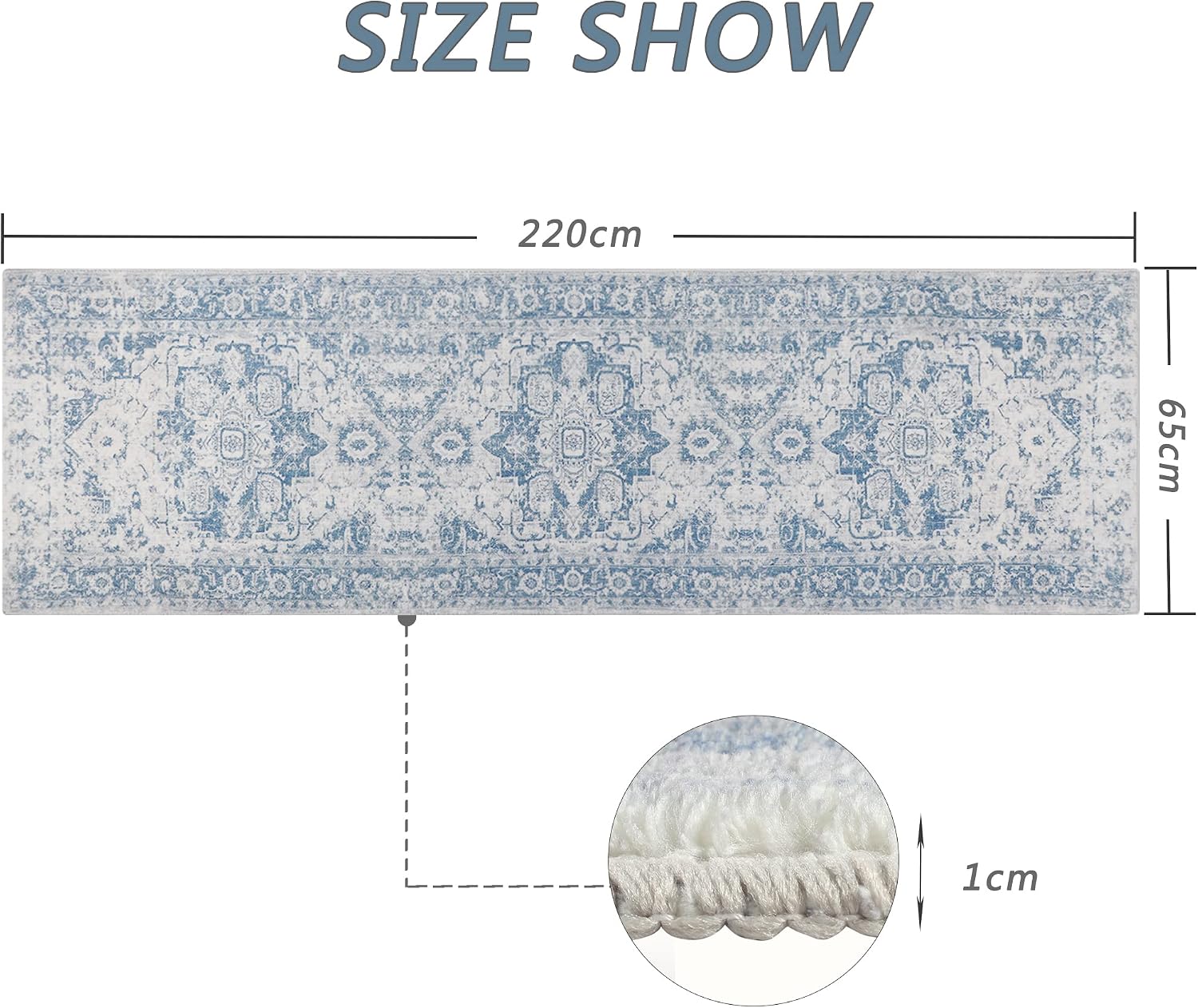 Famibay Hallway Runner Non Slip Runner Rugs for Hallway 65x220cm Long Washable Blue Vintage Kitchen Hall Carpet Floor Rugs for Entryways Bedroom Laundry - Image 3