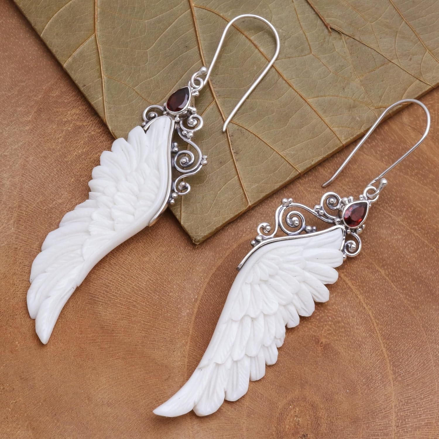 NOVICA Artisan Handmade Garnet Dangle Earrings Wing from Bali .925 Sterling Silver Indonesia Gemstone 'Caressed Wings'
