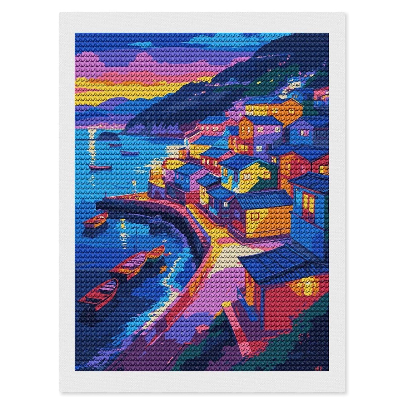 Junmoney Colorful Coastal Village at Sunset Diamond Painting Canvas Set 12"x16", Mindful Craft Activity, Nice Detail and Sparkle, Farmhouse Decor, Birthday Gift