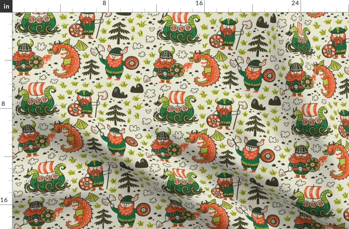 Spoonflower Fabric - Viking Dragon Animal Boy Ship Green Orange Illustration Fantasy Printed on Organic Cotton Sateen Fabric by The Yard - Sewing Quilting Apparel Home Decor