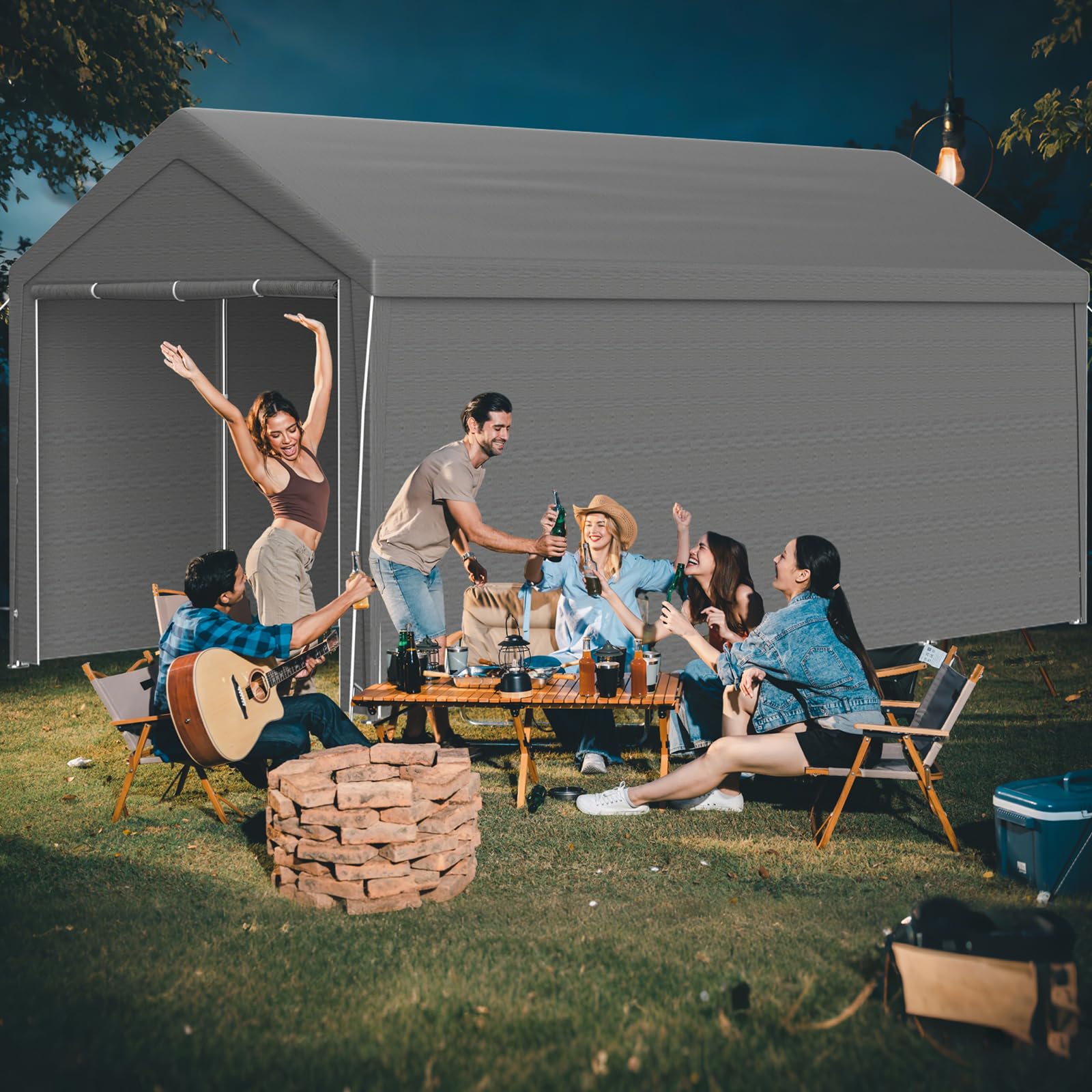 Pavillon XXL Carport 4x8m mit Stabil PE Plane, UV-beständig wasserdicht, abnehmbaren Seitenwänden, Dachverstärkung, Metallrahmen, Garagenzelt für Auto, LKW, Party, temporäre Werkstatt, Grau