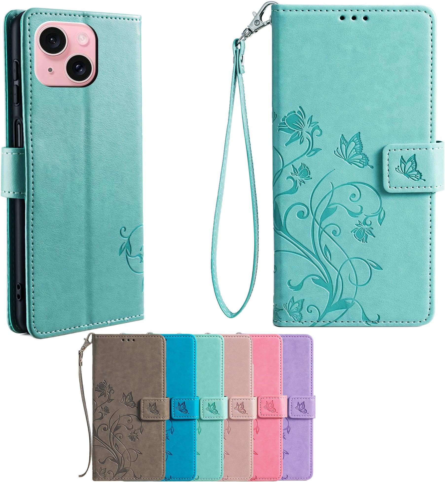 for Nokia 6.1 Plus Case Compatible with Nokia 6.1 Plus Phone Case Cover [TPU Shell + PU Leather][Flower Butterfly] GKH-Green