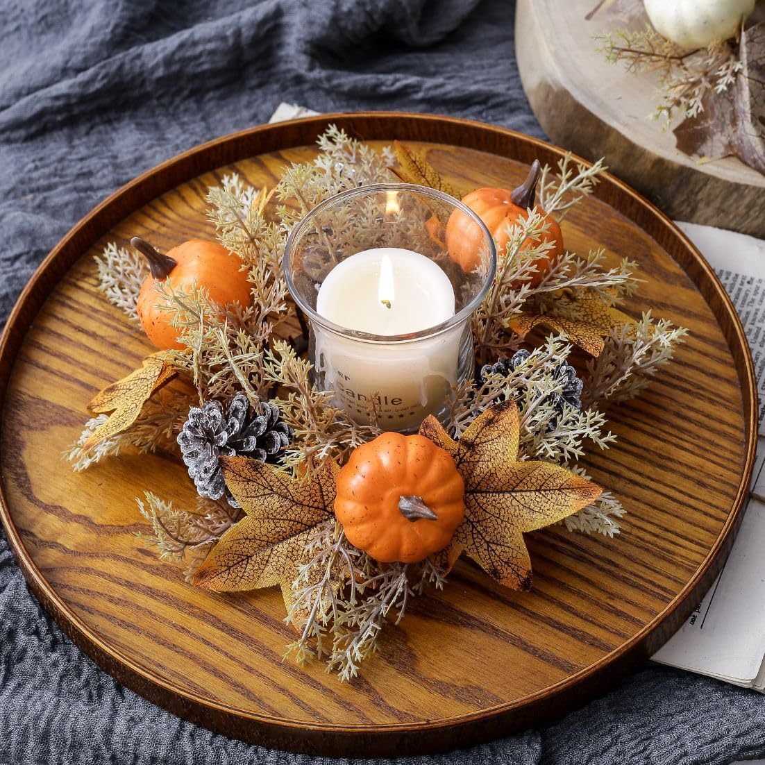 2 Pcs Artificial Pumpkins Maple Leaves and Berries Pine Cone Candle Rings Fall Candle Holders Small Wreath 3" Center for Farmhouse Thanksgiving Halloween Centerpiece Table Decor (Orange)