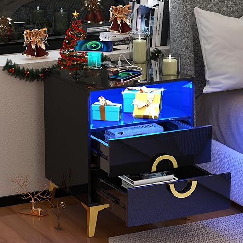 Miniatura 3 de HUAEU Juego de 2 mesitas de noche con estación de carga y luces LED deslizantes blancas inteligentes con cajones, mesas auxiliares modernas para