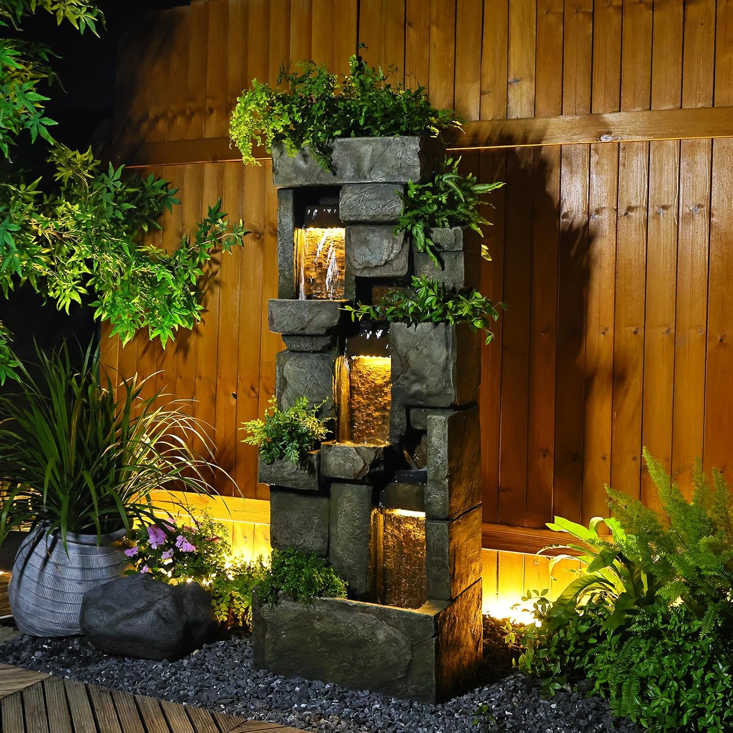 Bumilgar Garden Water Fountains Outdoor Floor Standing, 3 Tier Rock Waterfall Fountain with LED Lights and Pump for Garden, Patio, Backyard, Deck, Porch and Home Art Deco, 56.3" Very Tall