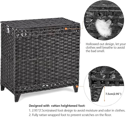 Miniatura 5 de Laundry Hamper with 3 Removable Liner Bags; 132L Handwoven Rattan Laundry Basket with Lid & Heightened Feet; Clothes Hamper with Side Handles; Negro
