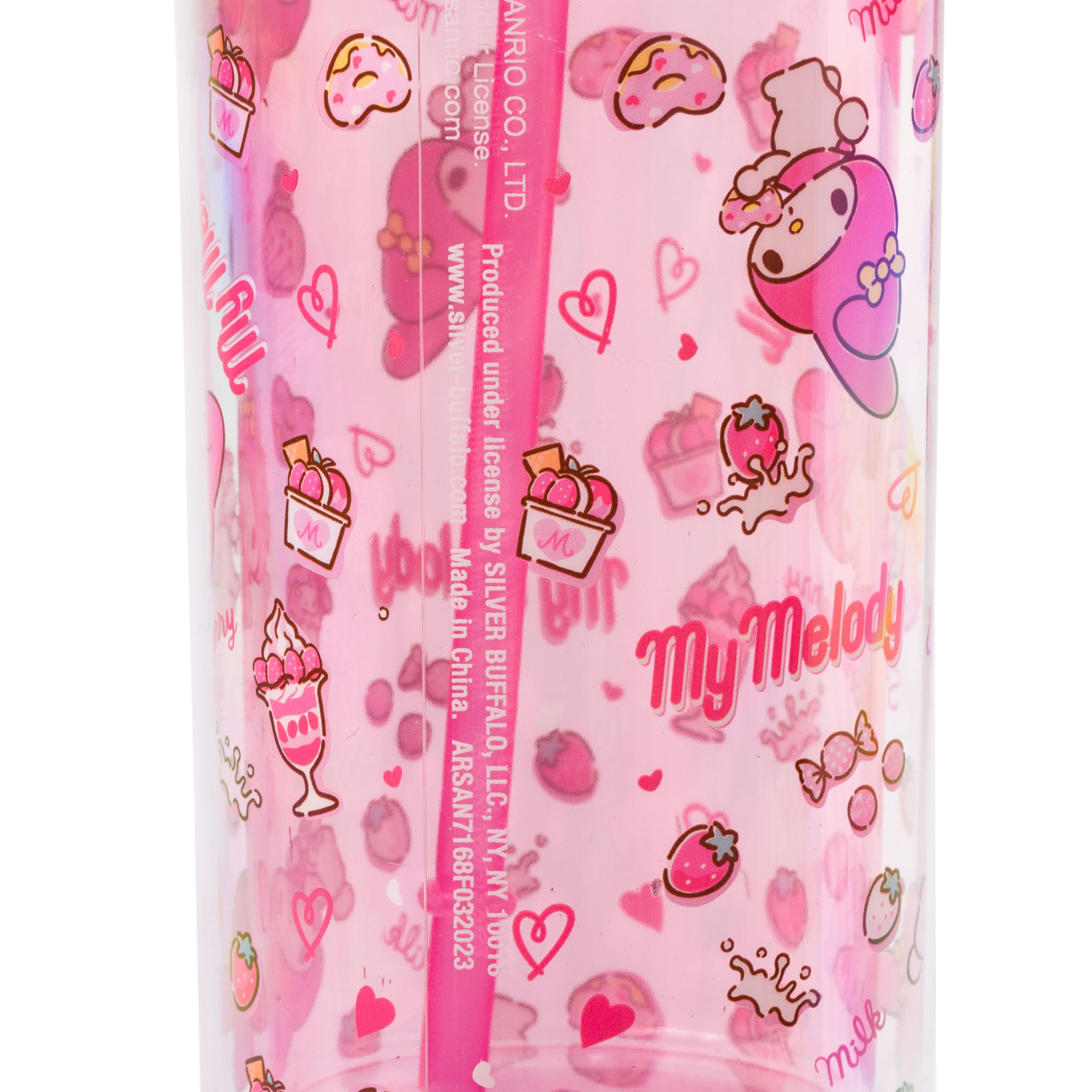 Silver Buffalo Sanrio My Melody - Taza fría alta de plástico con tapa y pajita, 20 onzas | Hello Kitty and Friends, patrón de fresa, dona y batido, incluye tapa y pajita, 0,59 litros