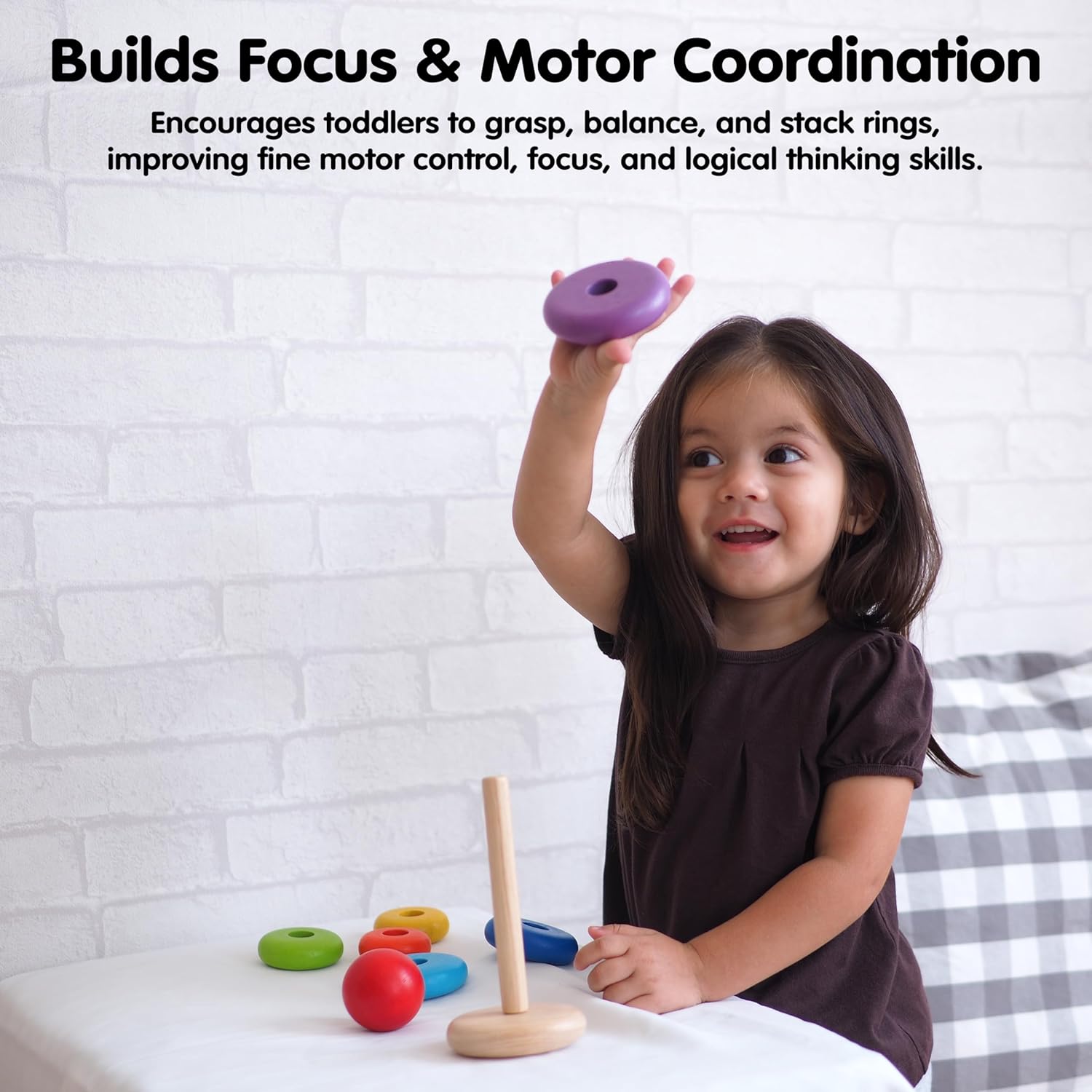 PlanToys® Wooden Stacking Ring for Montessori Inspired Fine Motor and Early Learning | Color Recognition, Problem Solving and Size Ordering Activity | Eco Friendly Wooden Stack Toy for Creative Play