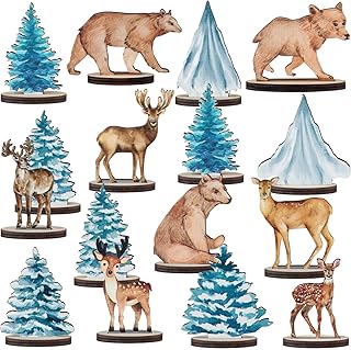 Beeveer 16 Pcs Winter Forest Woodland Animals Wood Table Centerpieces Woodland Creatures Cutout Shapes Table Topper for Baby Shower Party Decorations Birthday Supplies Camping Boys Girls