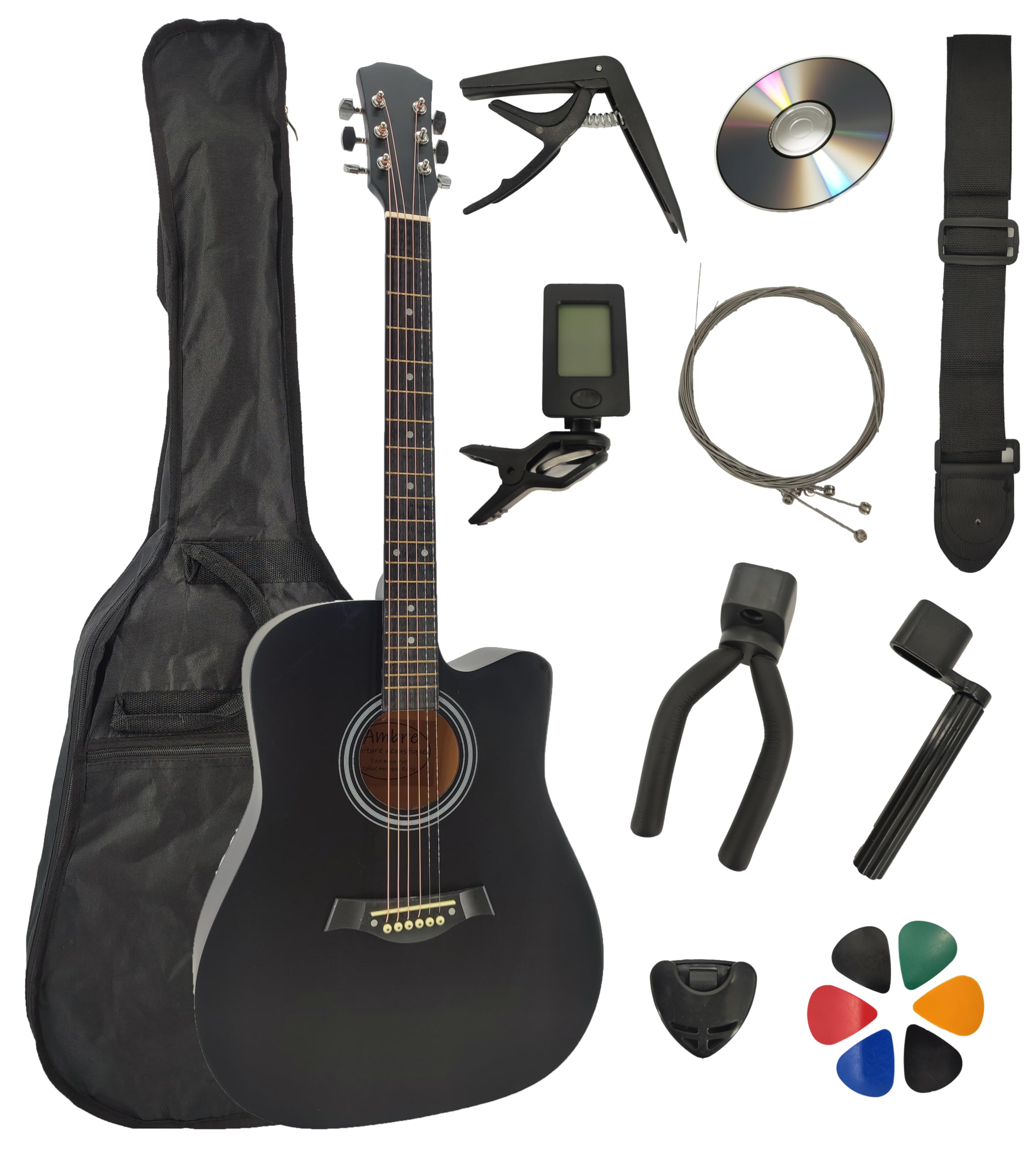 Guitare Acoustique Folk 4/4 Adulte 41 Pouces + 9 Accessoires + Cour Vidéo et CD (Noir)