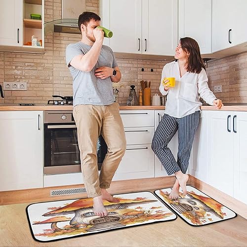 Miniatura 7 de Mushroom House Kitchen Rugs Set of 2, Autumn Maple Leaves Floor Mat Runner Rug Washable Non Slip Washable Standing Mat Home Office Seasonal Decor Rug