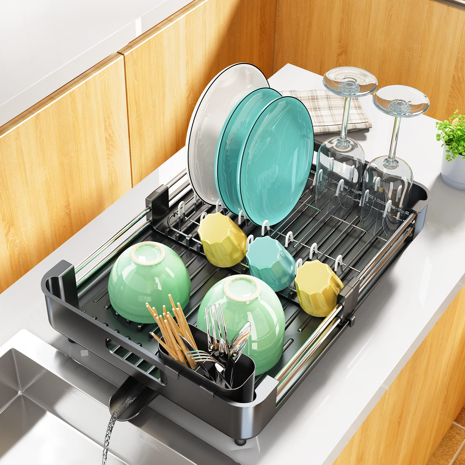 Dish Drying Rack, Kitchen Dish Drainer Rack, Expandable(13.2"-19.7") Stainless Steel Sink Organizer Dish Rack and Drainboard Set with Utensil Holder Cups Holder for Kitchen Counter, Black