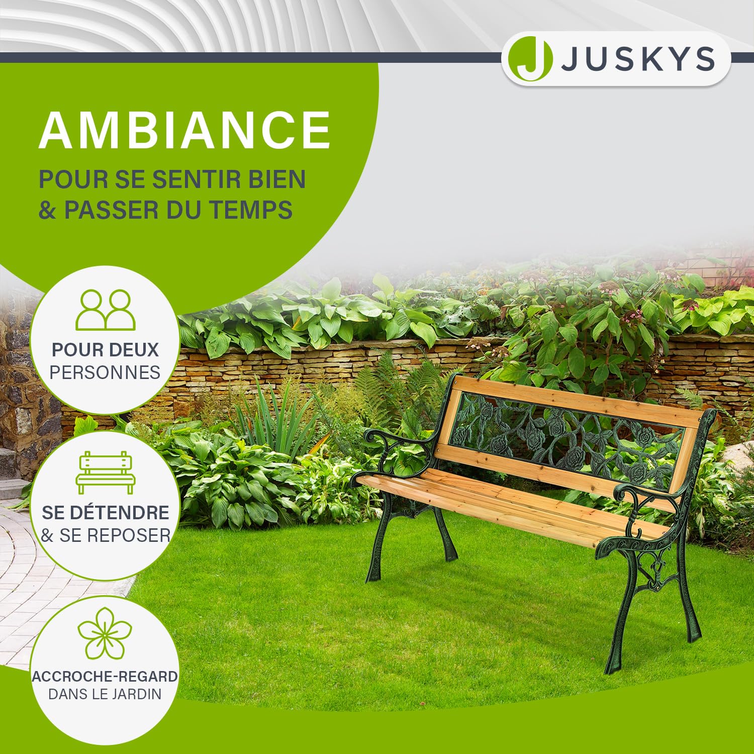 Juskys Banc de Jardin - Banc en Bois 2 Places avec accoudoirs & Dossier - Banc résistant aux intempéries 122x54x73 cm - éléments latéraux en Fonte- Naturel, Modèle Venezia