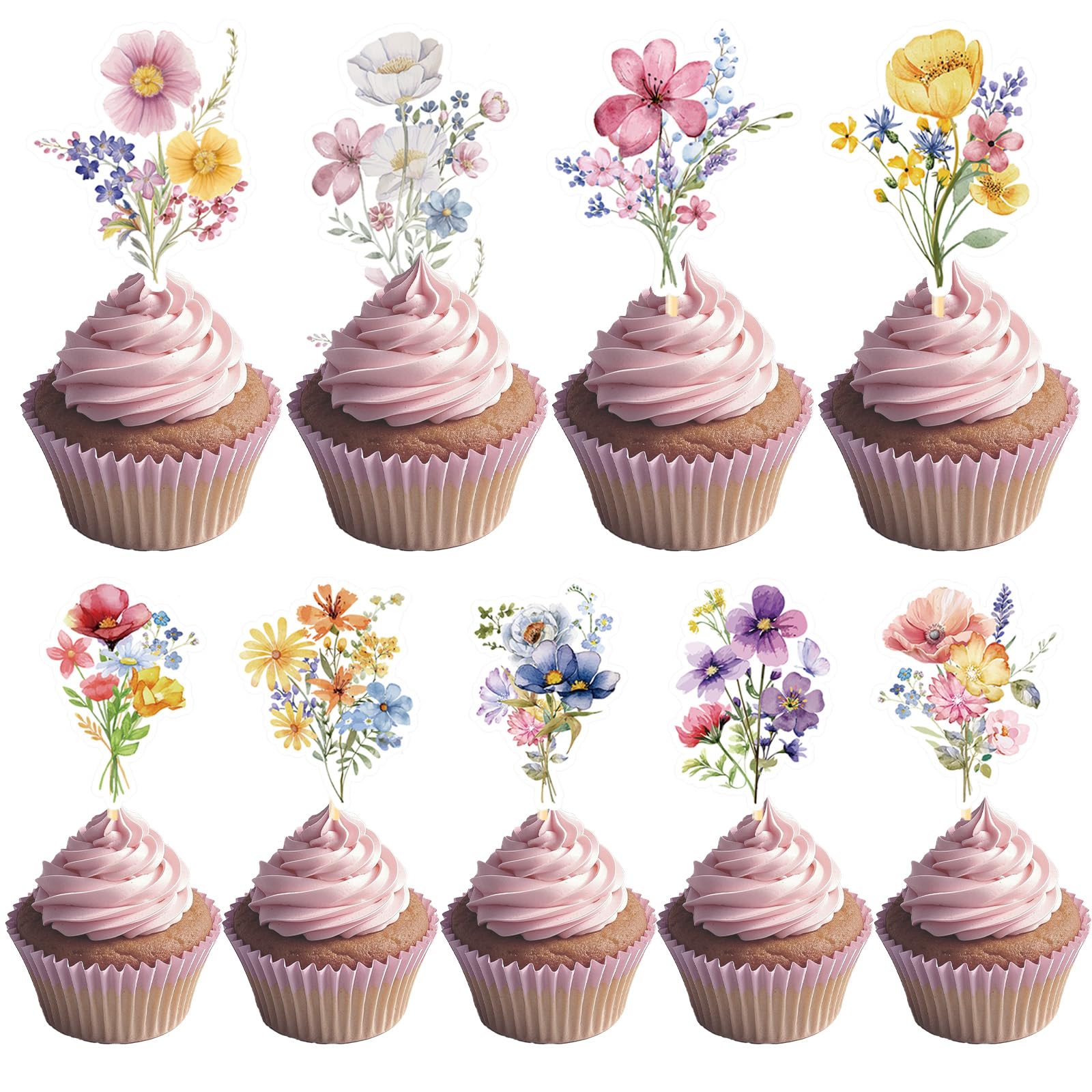 Deorfuy Wildflower Birthday Party Decorations, 36PCS Flower Floral Cupcake Toppers Decoration, Baby in Bloom Baby Shower Cupcake Picks Decor Party