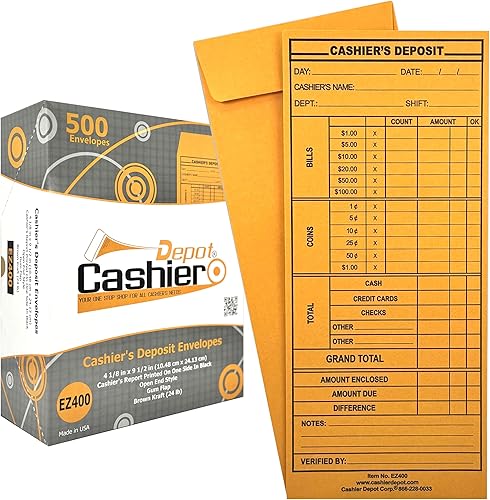 500 Cashier Depot EZ400 - Sobres para informe de depósitos de cajero, 4 18 x 9 12 pulgadas, resistente 24 libras, papel kraft marrón, sobres de