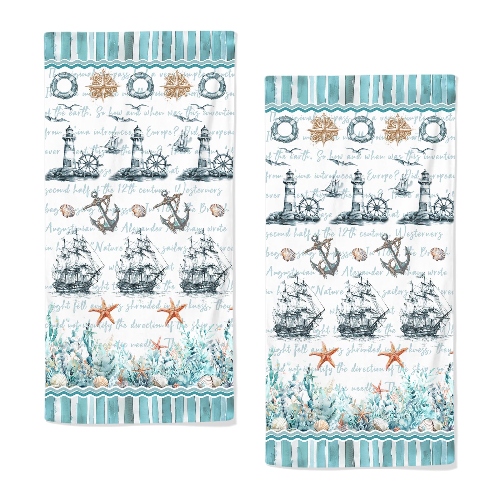 qiuhuang Nautical Anchor Hand Towels Highly Absorbent Sailboat Lighthouse Kitchen Towels Set of 2 Breathable Ocean Seashell Face Towels for Home Beach Theme Decorative Kitchen Towels 28.7x13.7 Inch