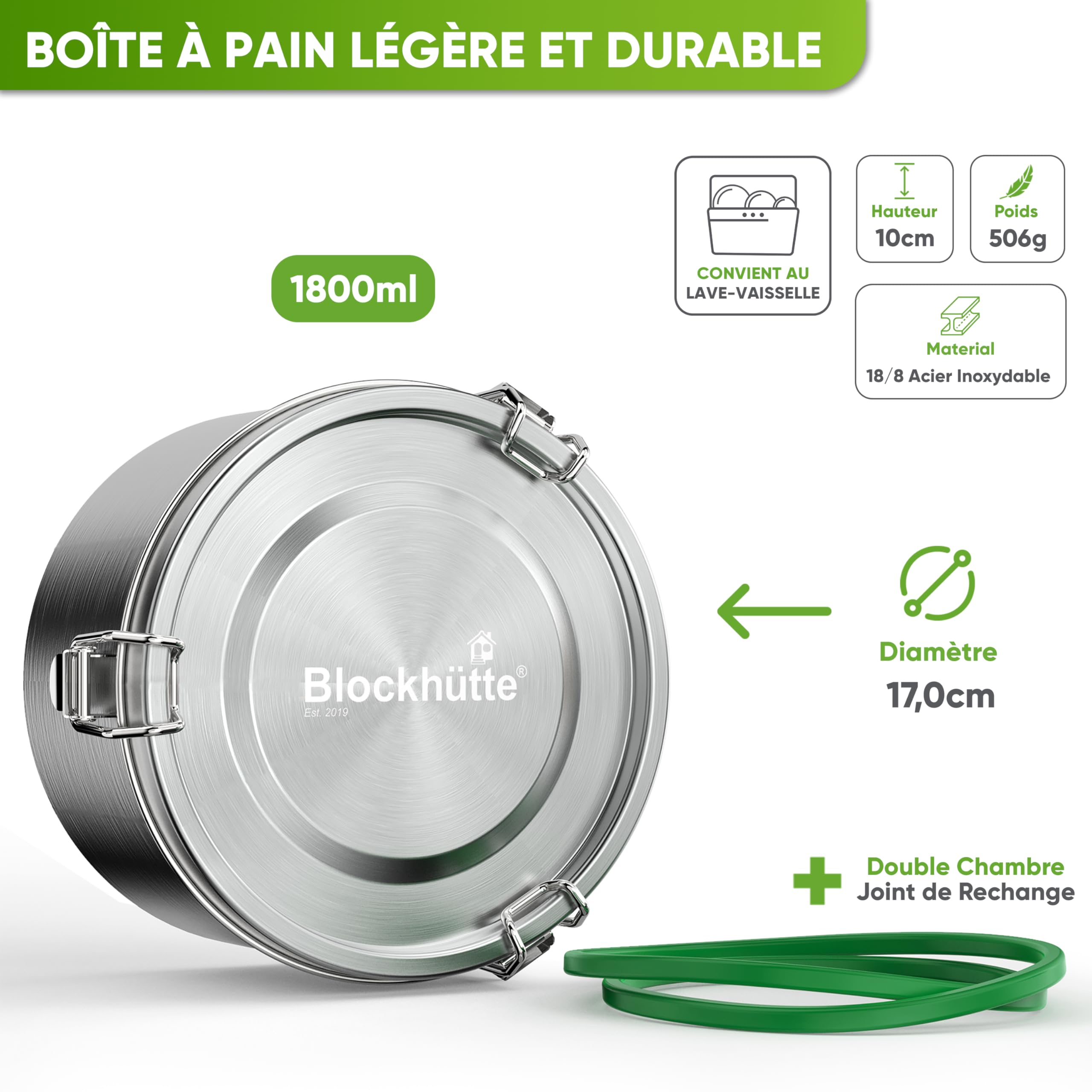 Blockhütte Bento Lunch Box Inox Ronde I 1800ml I Avec Cuillère et 2 Joints I Lunchbox, Boîte Bento Hermétique en Acier Inox, Anti-Fuite I Boite Lunch Box Adulte et Enfant, Boite Inox Alimentaire