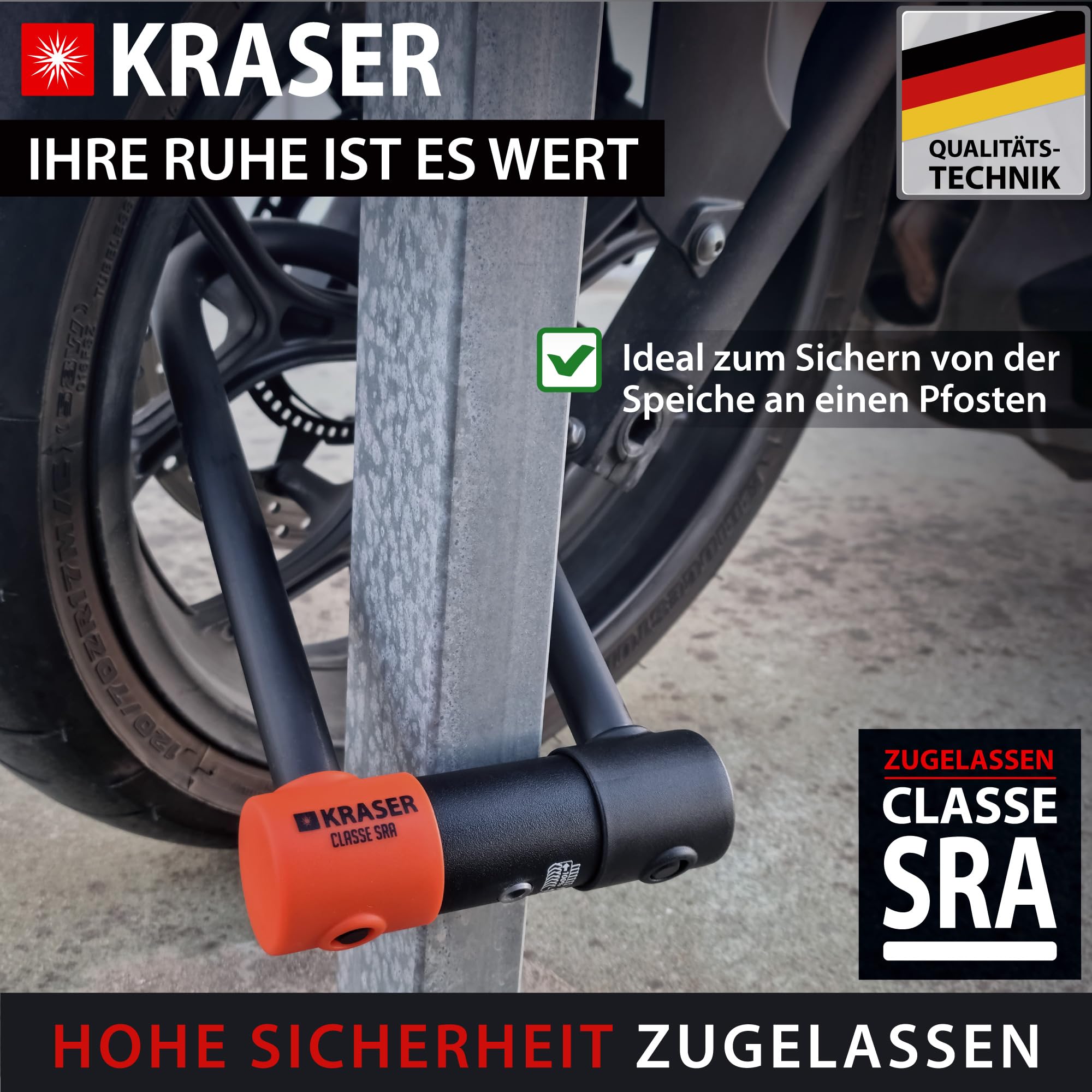 KRASER KR85M Anti-Diebstahl Motorrad Fahrradschloss Bügelschloss Vorhängeschloss U Homologiert SRA-Schloss Sicherheit Solides Schloss 85x250 Ø18 Diebstahlsicherung Motorräder Motorroller Fahrrad