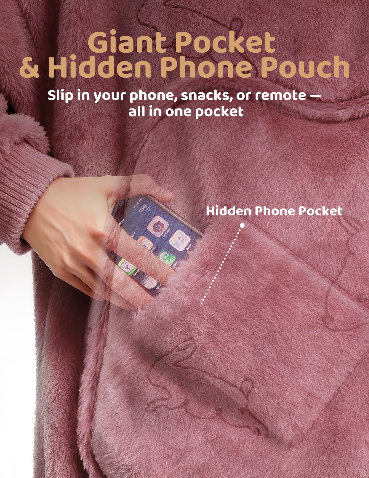 Mewaii Wearable Blanket Hoodie for Adults Cozy Bunny Ear Sherpa & Flannel Hooded Blanket with Giant Pocket - Image 4