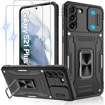 Jshru Case for Samsung Galaxy S21 Plus Mobile Phone Case Camera Protection with 2 Pieces Protective Film Military Standard Shockproof Protective Case 360  Metal Ring Stand Case for Galaxy S21 Plus Black