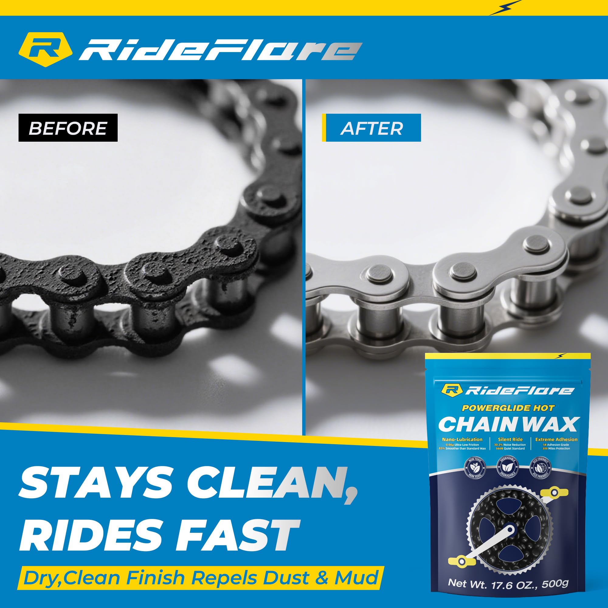 Cera para Cadena RideFlare Premium 500g – Lubricante de Cadena para Bicicleta de Fusión en Caliente con Fórmula de Fricción Ultra Baja – Cera para Bicicleta Ecológica y Duradera para una Protección Su