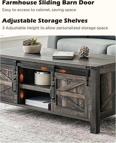 Miniatura 6 de OKD - Mesa de centro de granja de 48" con puerta corrediza estilo granero, mesa rústica con compartimento de almacenamiento oculto, superficie