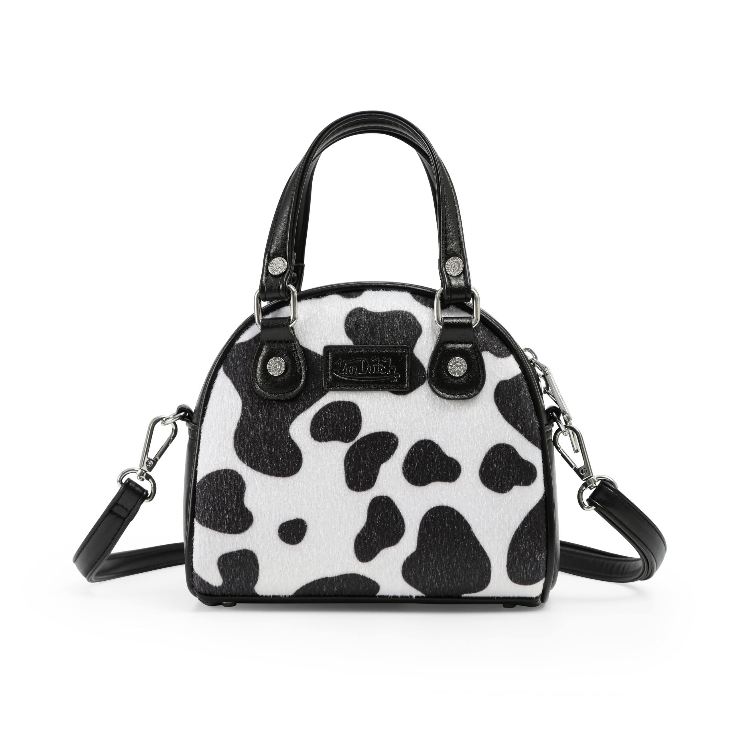 Von Dutch Womens Cow Print Bowling Bag Purse - Stylish Women's Handbag with Adjustable Strap, Spacious Interior, and Vegan Faux Fur (Black)