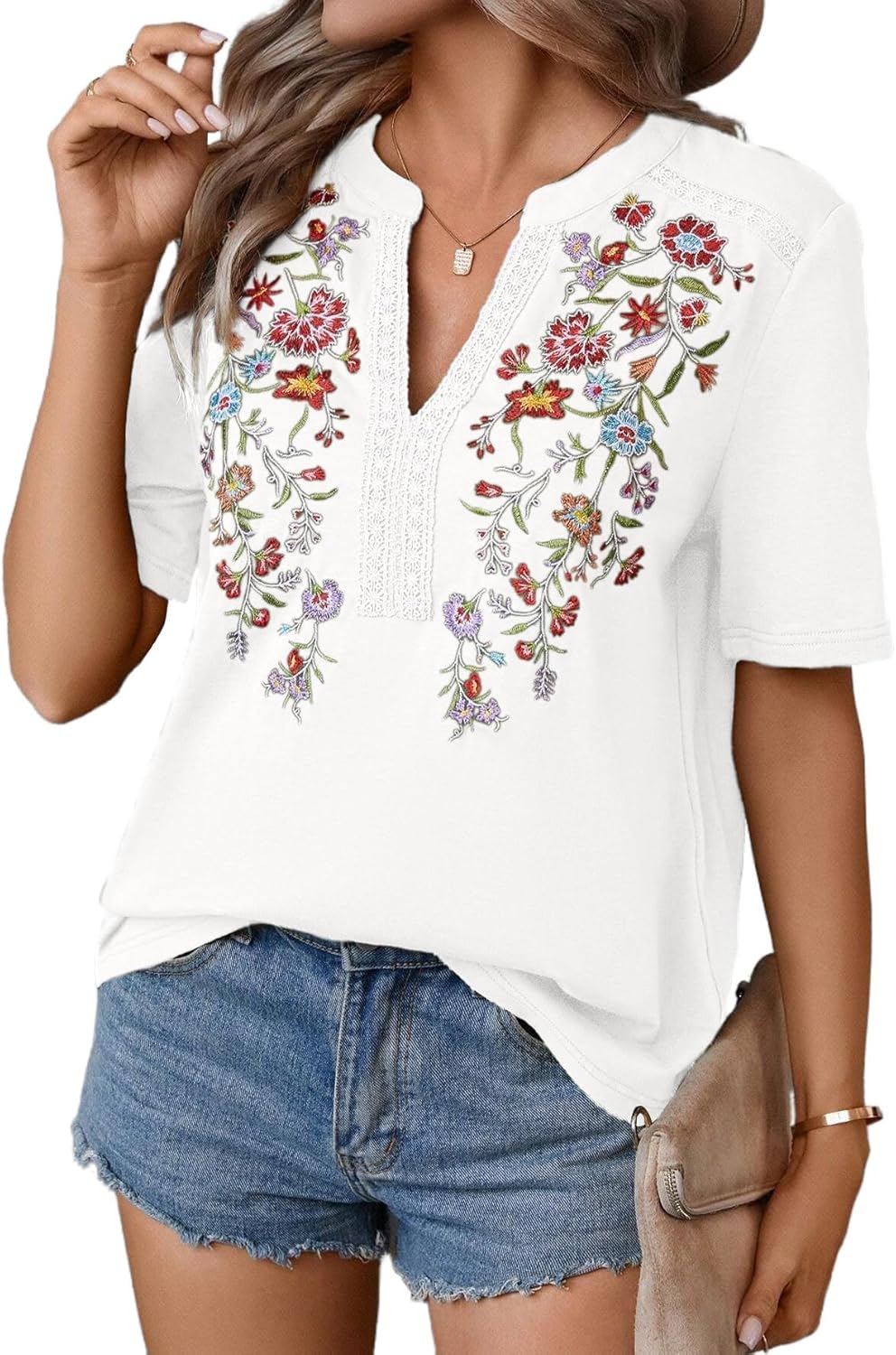 Mexican Shirts for Women Embroidered Tops Traditional Summer Blouse Floral Tunic V Neck Short Sleeve T Shirt White