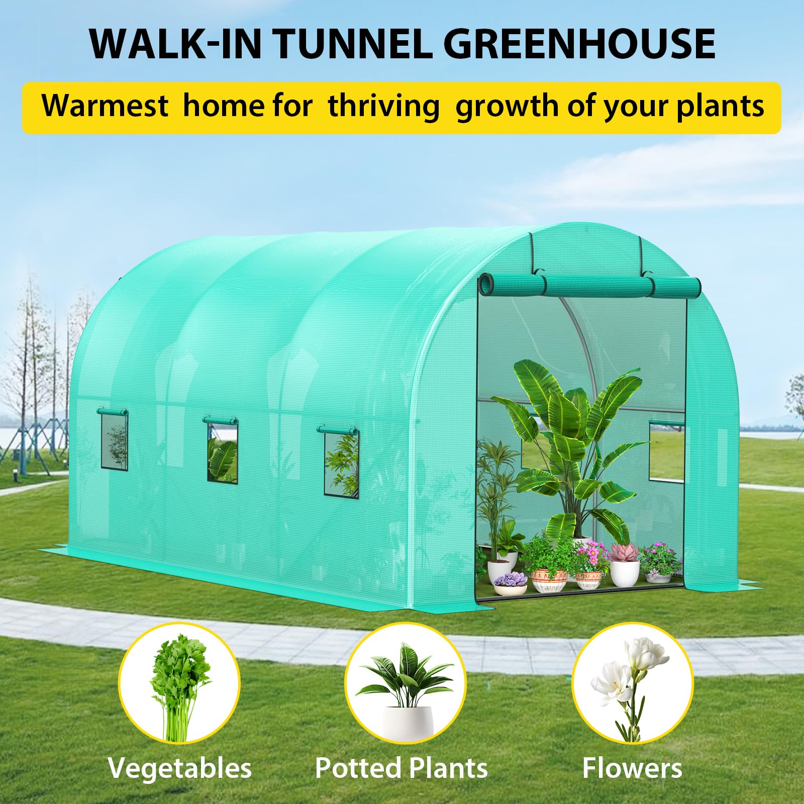 Garvee Serra da Giardino a Tunnel 2,44x3,96x2,13m, Serra per Orto con 2 Porte con Cerniera e 6 Finestre, Telo in PE Rinforzato 140g/m² e Struttura in Acciaio Zincato, Verde