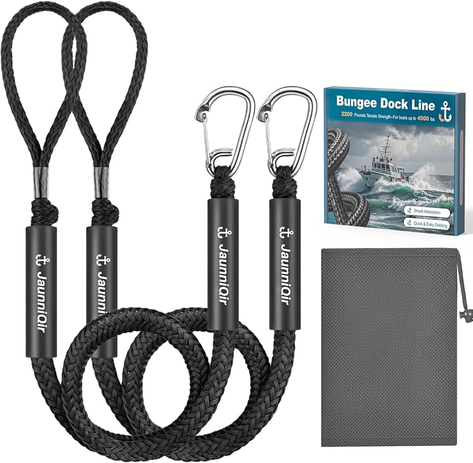 JaunniQir Bungee Dock Lines for Boats 4.3 Feet, 2 Pack Dock Lines with 316 Stainless Clips for PWC, Jet Ski, Kayak, Watercraft, Pontoon, Shock Absorbing Tie Off Downs Boat Mooring Ropes Accessories
